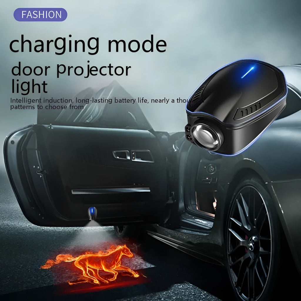 Black F2 rechargeable wireless car welcome light projector with ABS plastic housing.