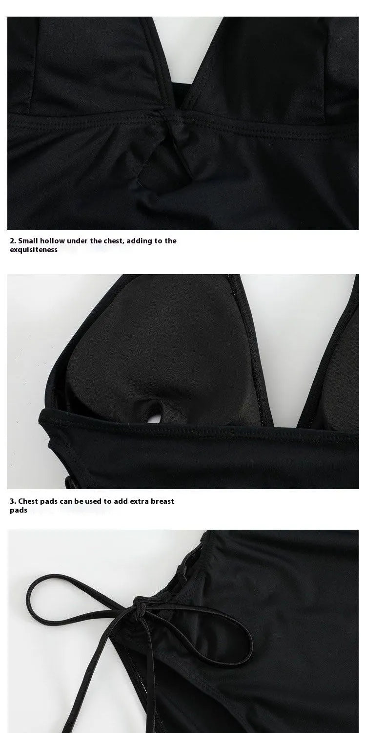 Black women's one-piece swimsuit with V-neck and hollow strap design on a mannequin