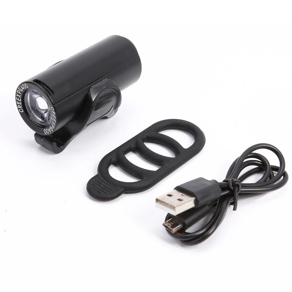 Black USB rechargeable bicycle front light with 350 lumens brightness for mountain and road cycling