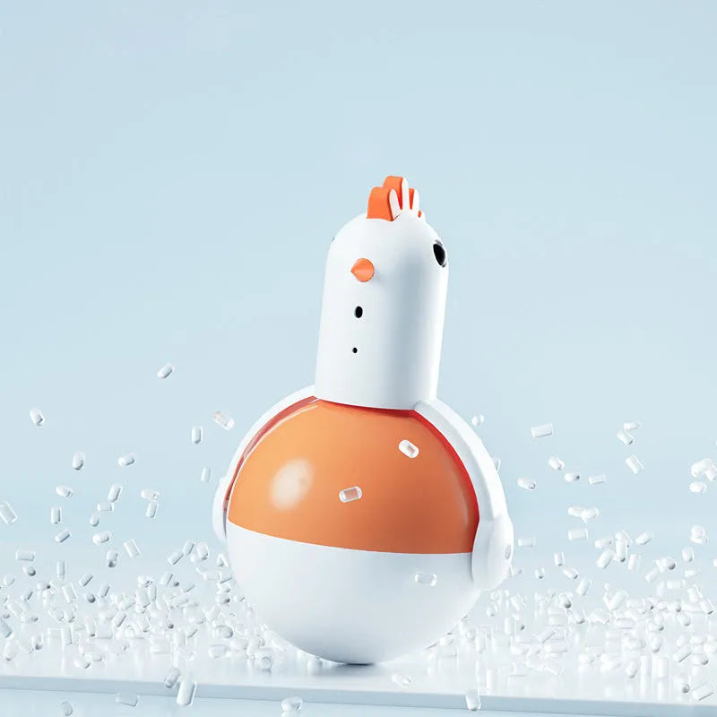 Green and orange electric cat toy chicken with infrared sensor and self-balancing base.