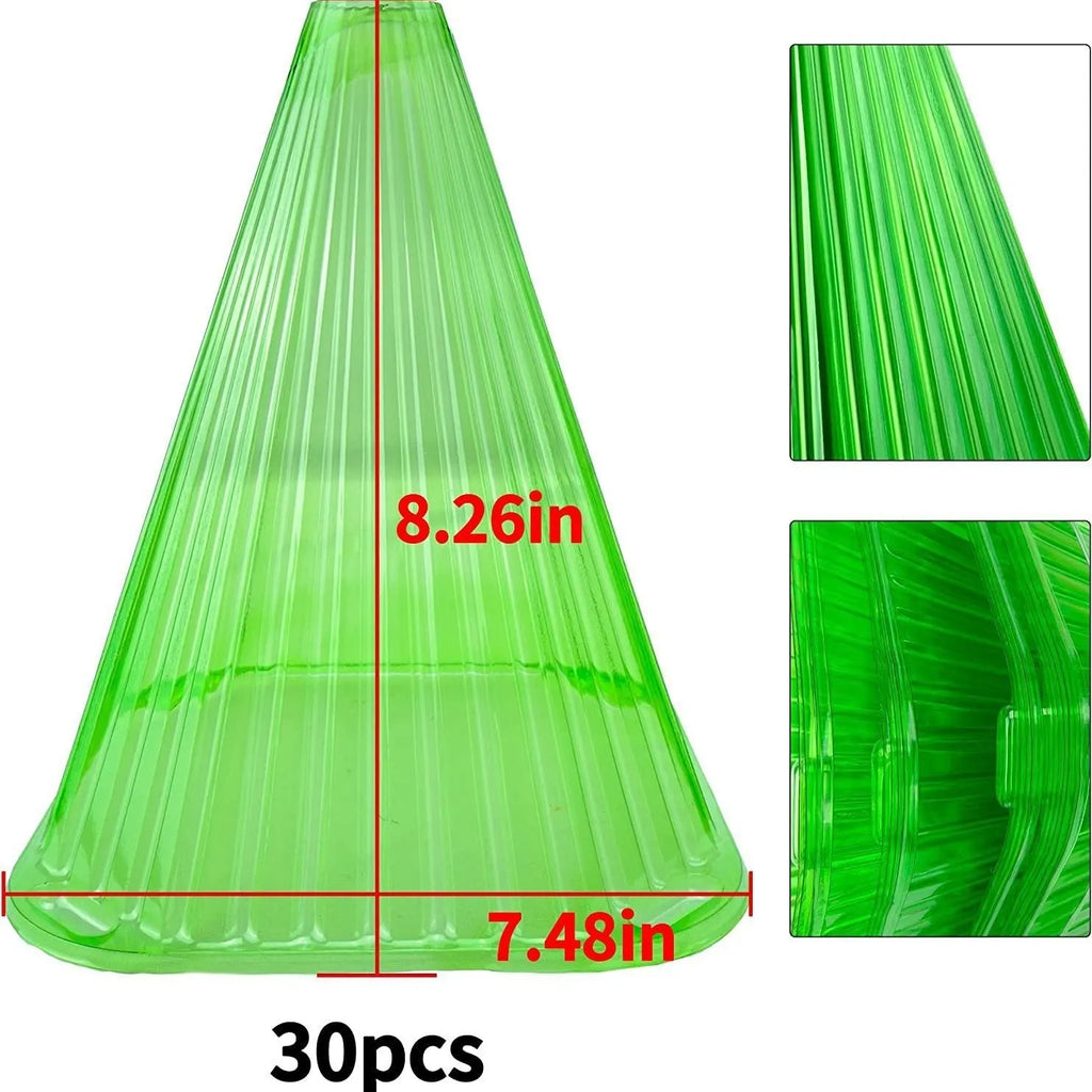 Reusable square plastic plant cover with ground stake for seedlings, shown in green or white bell jar style