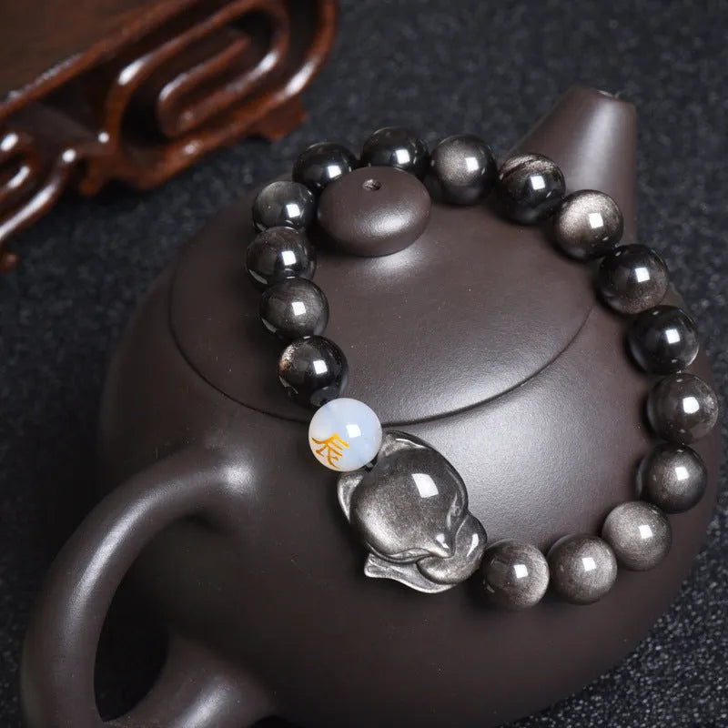 Natural obsidian zodiac bracelet with 10mm beads in gold, silver, or pure stone styles