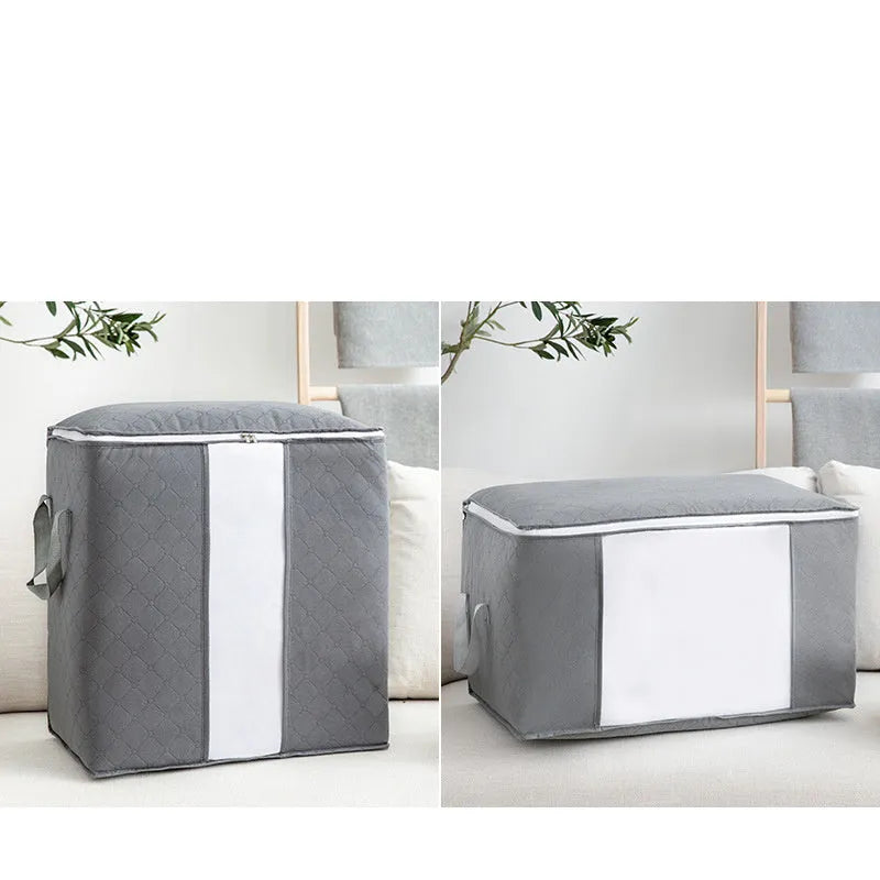 Non-woven storage bag for quilts and clothing with handbag design in beige colour showing seal function