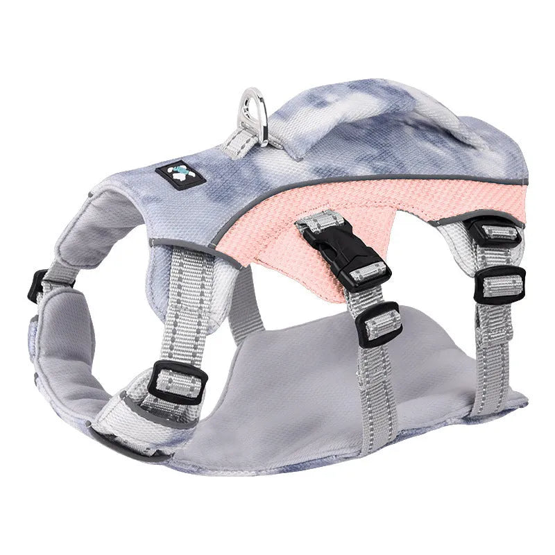 Reflective pet cooling chest strap in light blue with adjustable buckles and D-ring