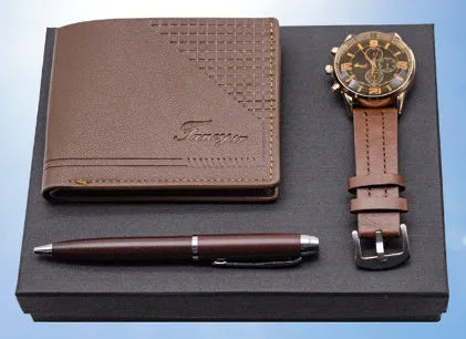 Creative Holiday Gift Wallet Pen Watch Set in brown or black with exquisite gift box, modern simplicity design