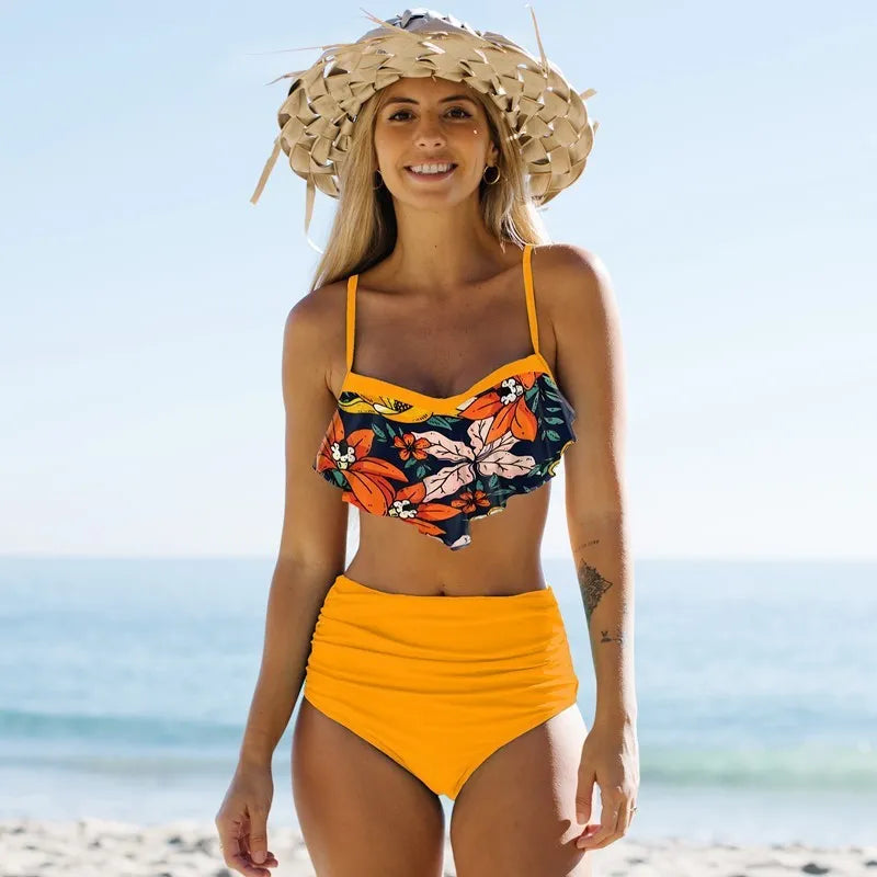 Green floral split bikini with high-waisted pleated pants swimsuit for women