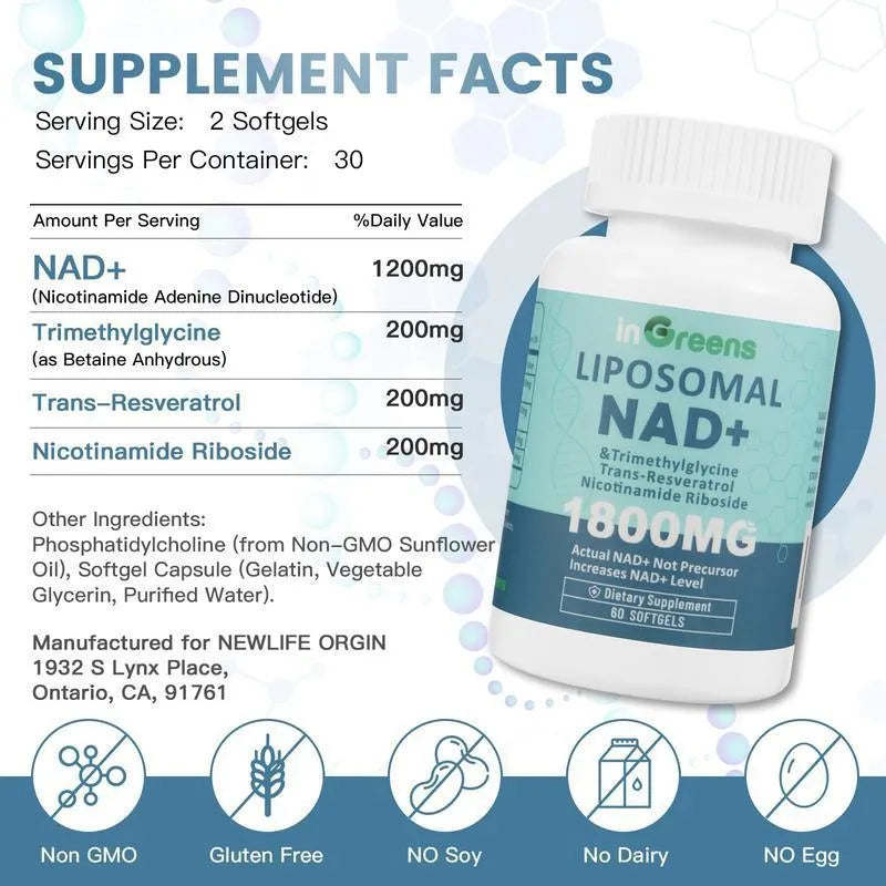 Bottle of NMN capsules with choice of 60 or 120 count and 24-month shelf life.