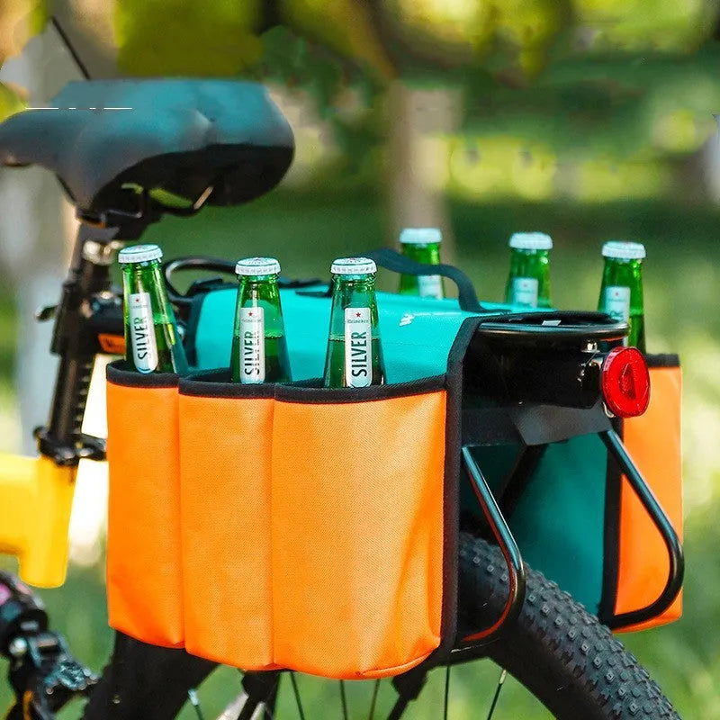 Black bicycle drink bag mounted on bike frame showing double-sided access and 2-litre capacity
