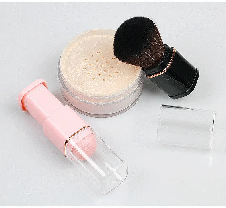 Retractable single head powder blusher brush with artificial fibre bristles, 7cm total length, Black or Pink