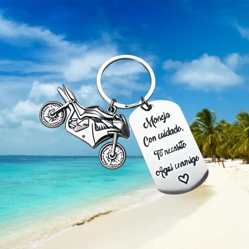 Stainless steel key ring with motorcycle design and flannel storage bag for key organisation