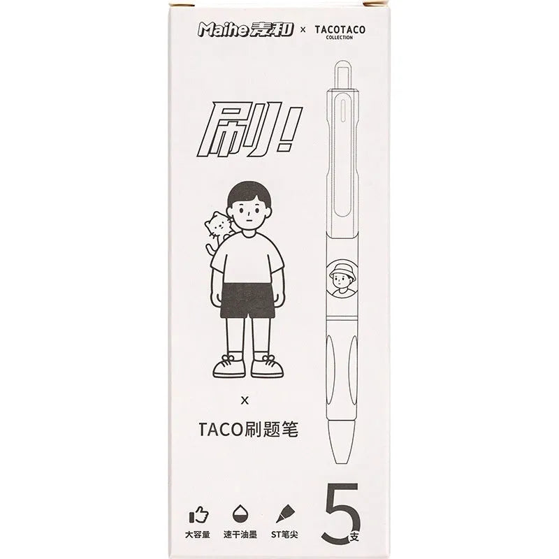 Set of five Taco series 0.5mm black ballpoint pens with quick-drying ink for exams and signatures