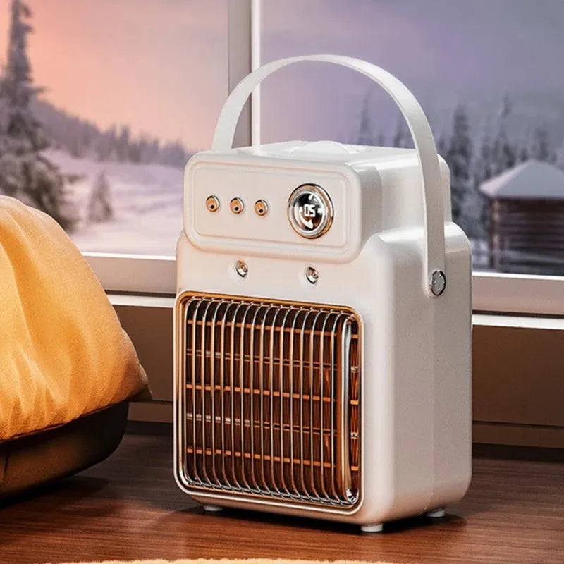 White 2-in-1 ceramic table heater and humidifier with digital control panel.