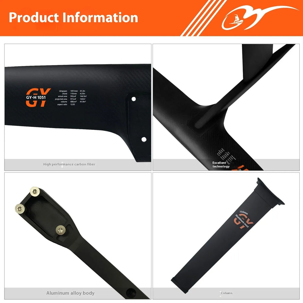 Black carbon fibre hydrofoil with 1051mm front wing for surfing