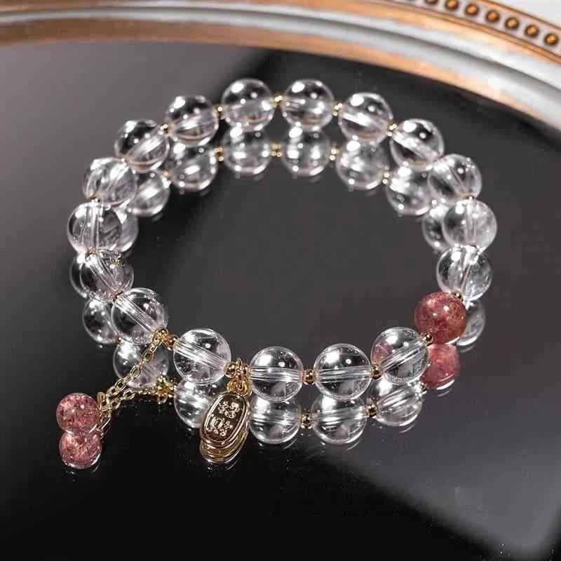 Handmade natural white crystal bracelet with 8mm beads and Matcha Green gift box.