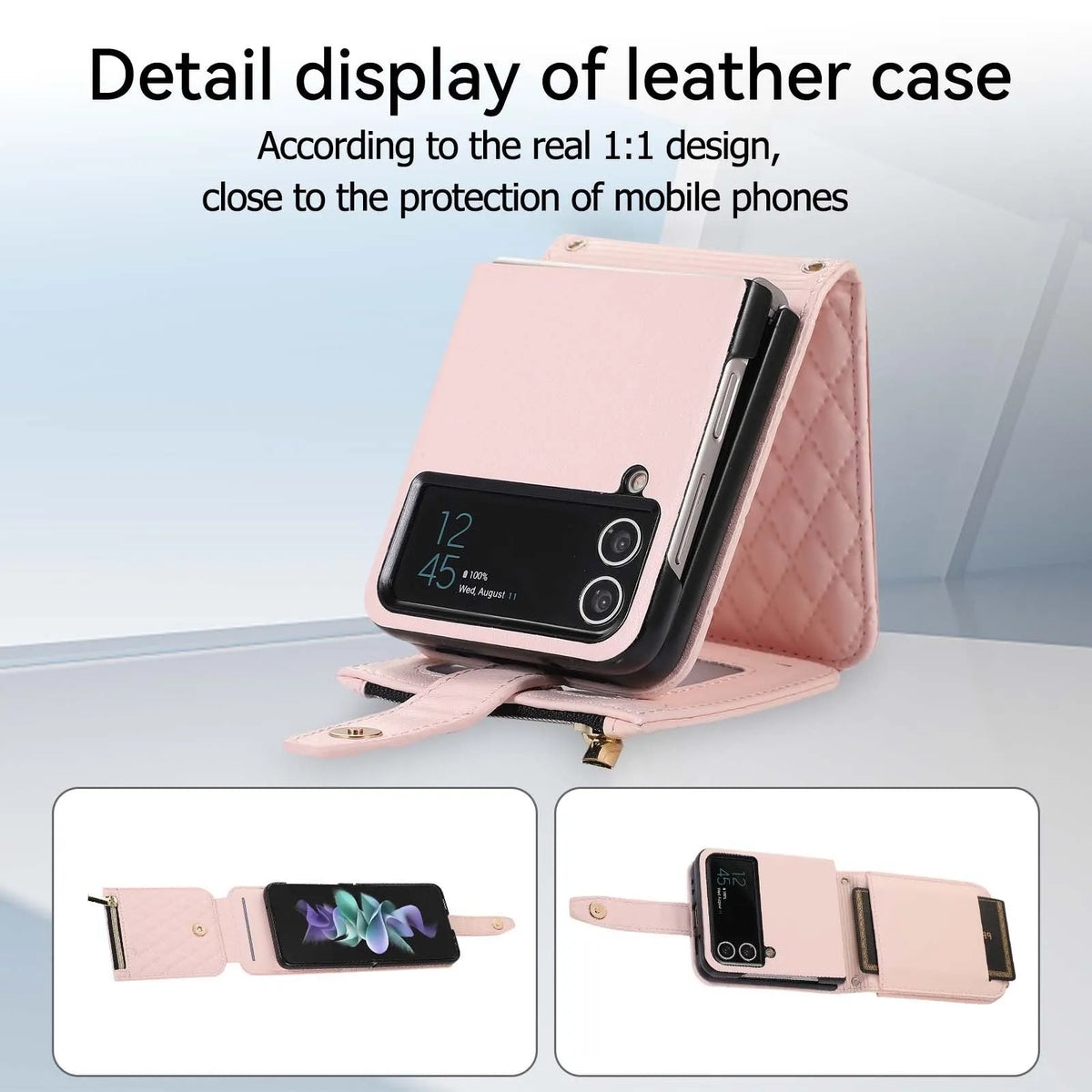 Crossbody PU leather phone case for Samsung Z Flip with card slot, zipper bag, and lanyard in black.