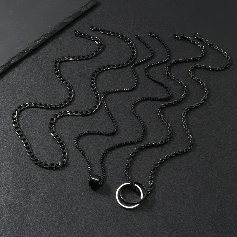 Black three-piece stainless steel men's necklace set with titanium steel cylindrical ring pendant