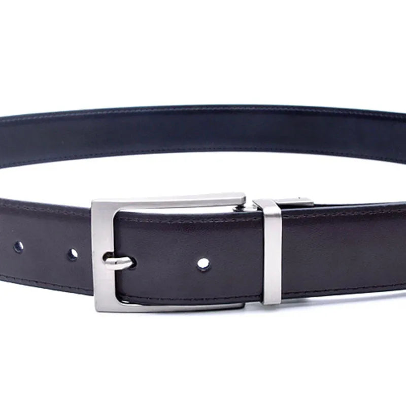 Men's dark brown and black casual leather belt with a silver rotating pin buckle, laid flat.