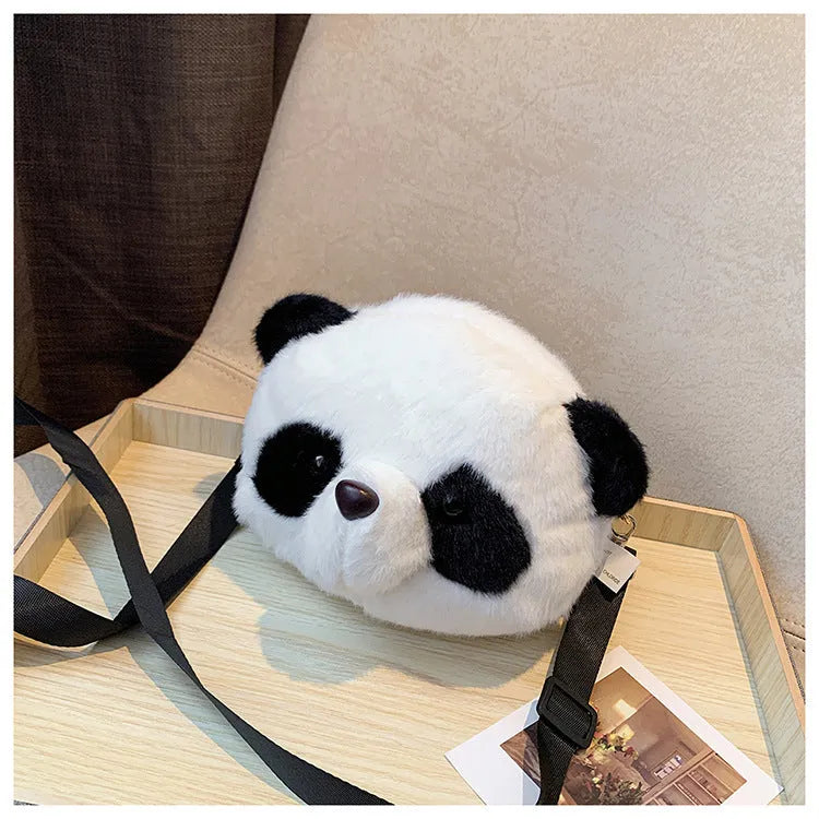 Cylindrical crossbody bag with panda head design, plush material, dimensions 18x15x8cm