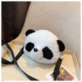 Cylindrical crossbody bag with panda head design, plush material, dimensions 18x15x8cm
