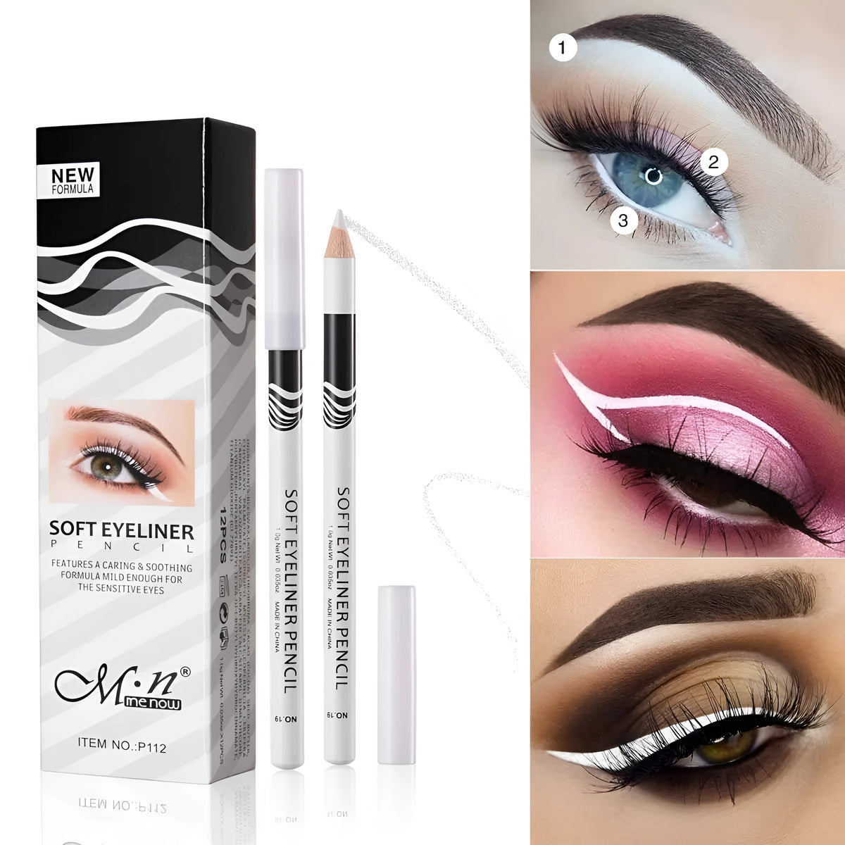 Box of 12 white waterproof eyeliner pencils with high gloss finish for eye brightening