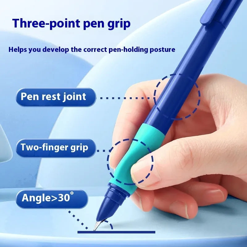 Student posture correction pen with 15-degree angled grip in blue, green, purple, or orange colour options