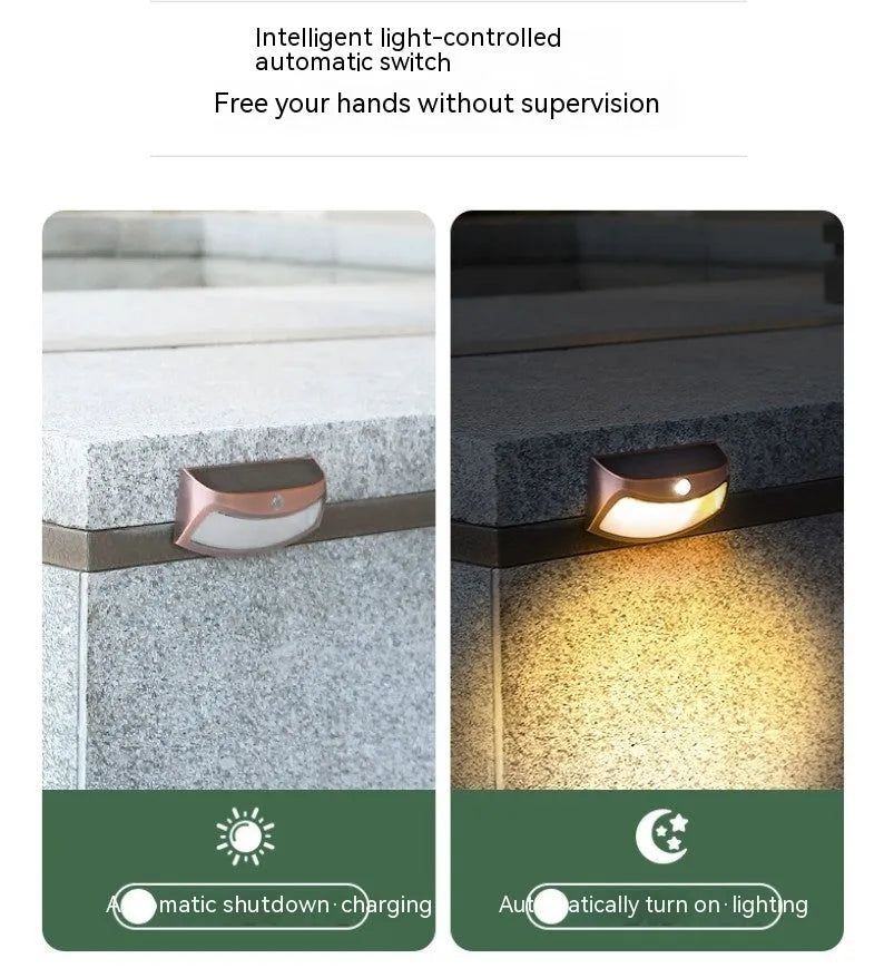 Solar outdoor wall lamp with smiling face design, dimensions 153mm x 76mm x 38mm, IP65 waterproof rating