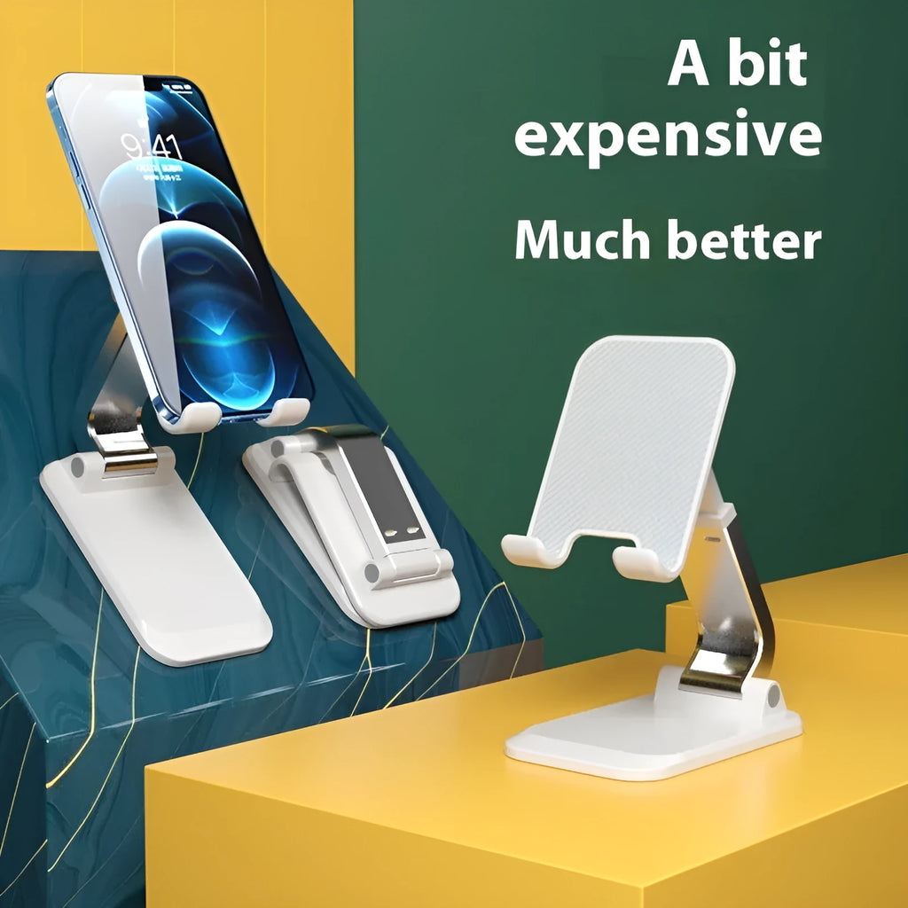 Folding portable mobile phone desktop stand in four colour options showing ABS and aluminum construction
