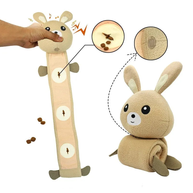 Fleece rabbit plush dog toy with sound and treat dispensing functions