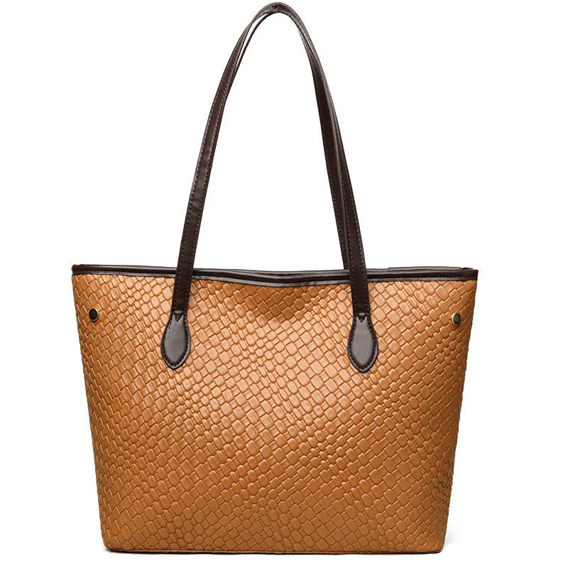 Retro women's large capacity handbag in horizontal square shape with sandwich pocket