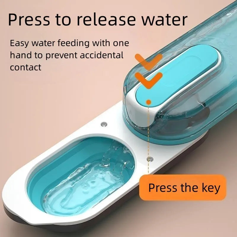 Portable plastic dog water bottle with a foldable drinking bowl in blue colour