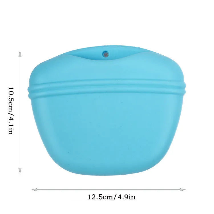 Silicone dog treat bag with magnetic closure measuring 12.5cm long, shown attached to belt with treats visible inside