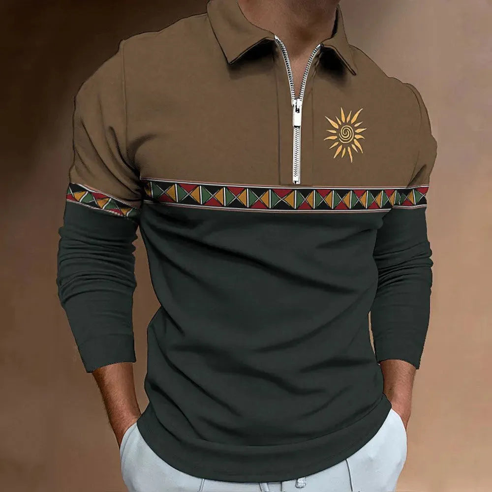 Men's loose-fit long-sleeve polyester t-shirt with stripe pattern and zipper decorations in multiple colour options