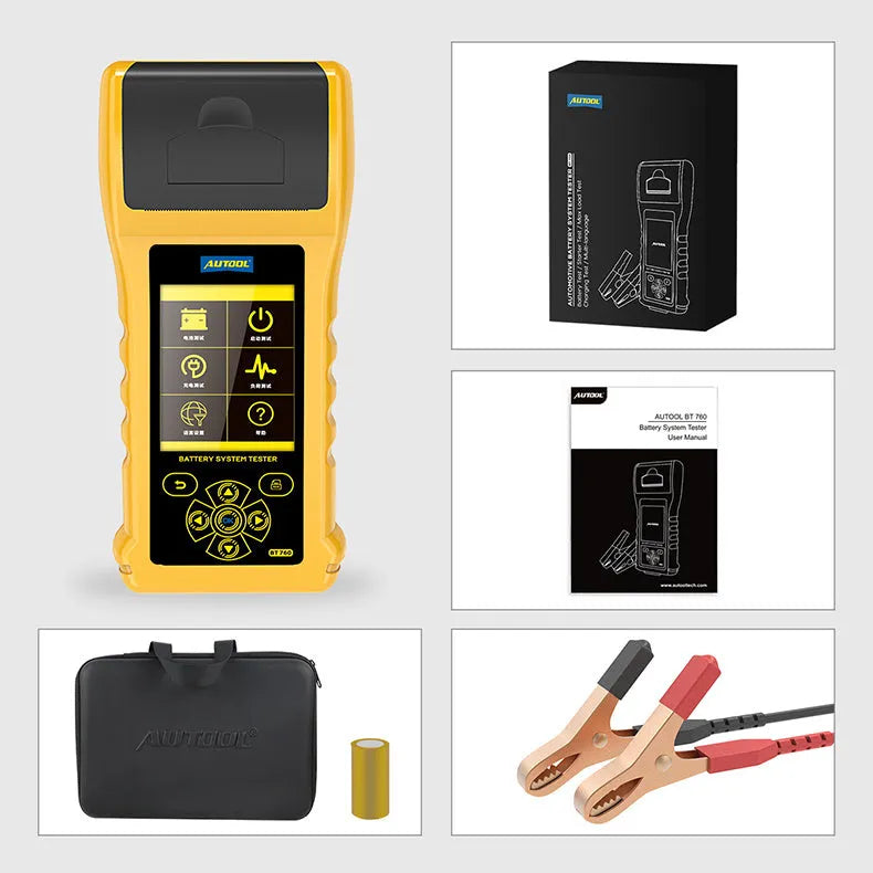 Autool BT760 vehicle battery tester with colour screen, test clips, and printed diagnostic receipt on a workshop bench.