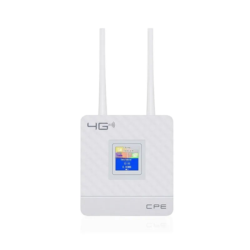 Home office LTE router with two external antennas, USB cable, and power adapter for 4G network sharing