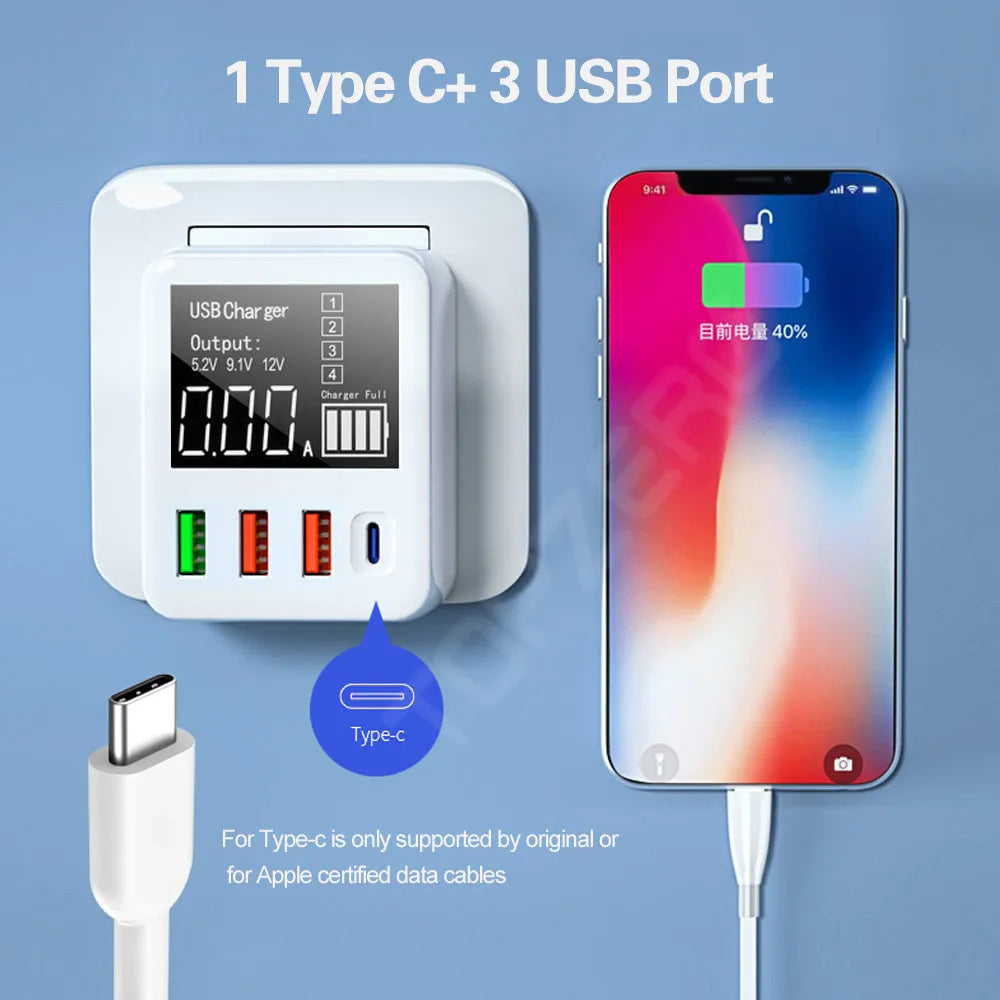 White 4-port travel fast charger with QC3.0 and Type-C ports measuring 80x48x65mm