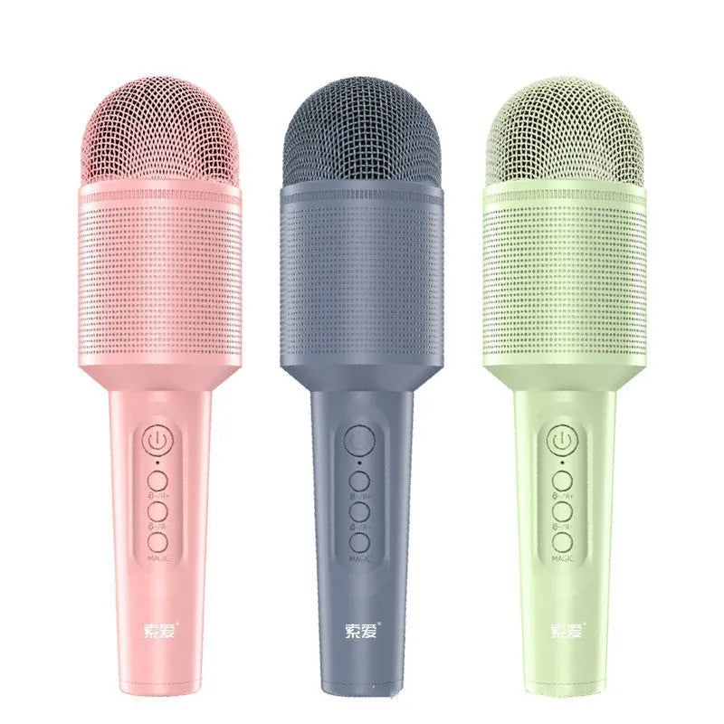 Wireless Bluetooth karaoke microphone in blue, pink, or green with 20cm length and USB charging cable