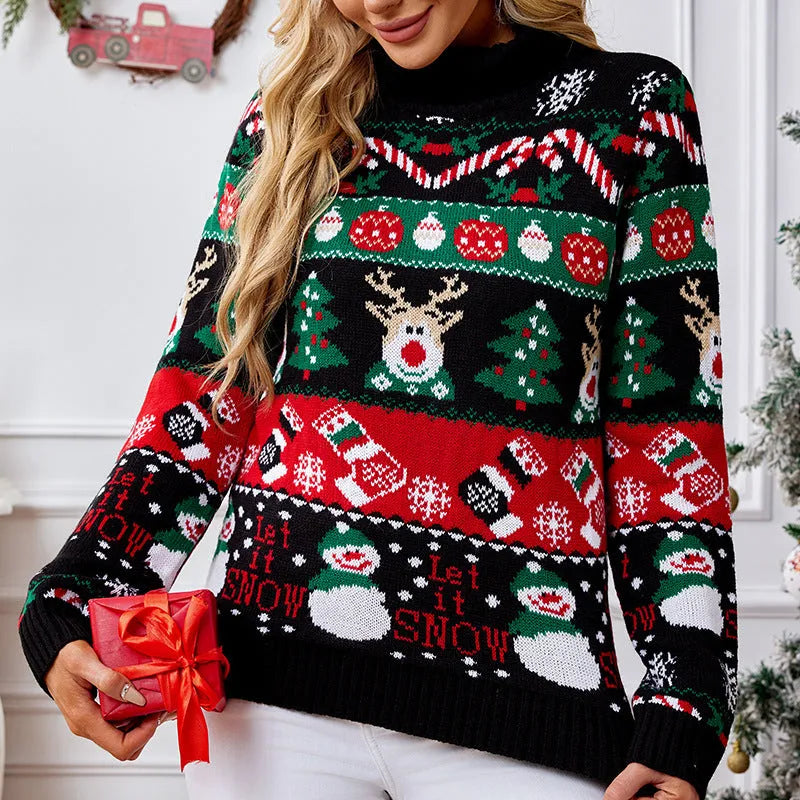 Women's black slim fit turtleneck sweater with animal pattern and contrast colour, long sleeves, acrylic, sizes S to XXL.