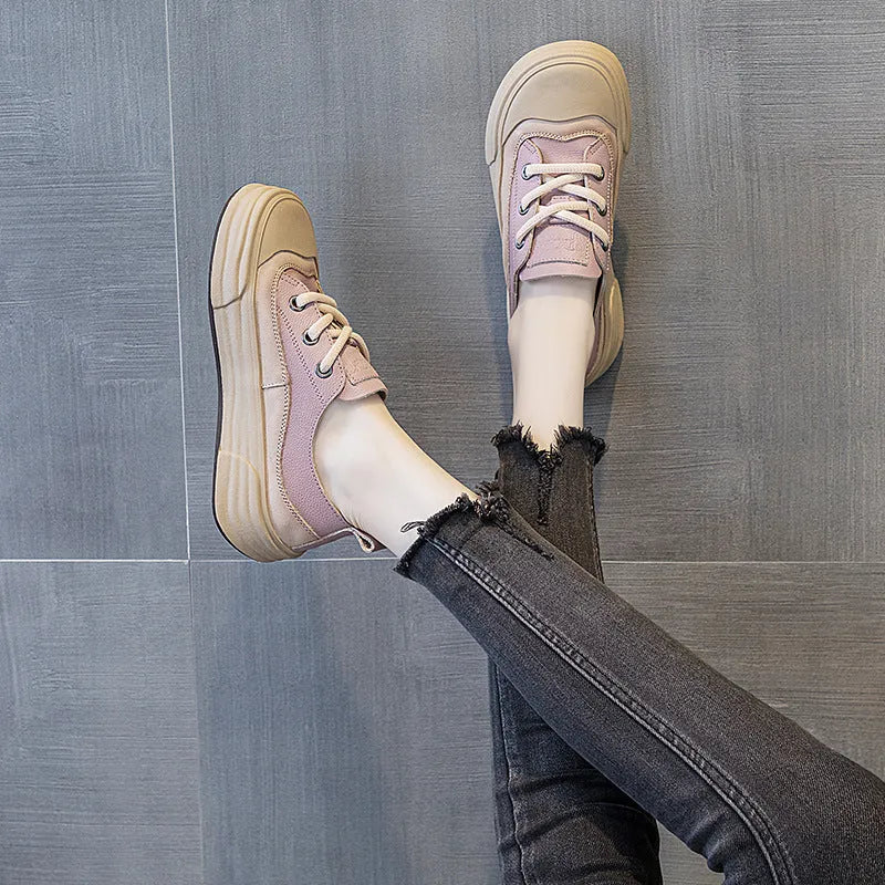 Women's matcha green leather platform sneakers with round toe and lace-up front on a white background.
