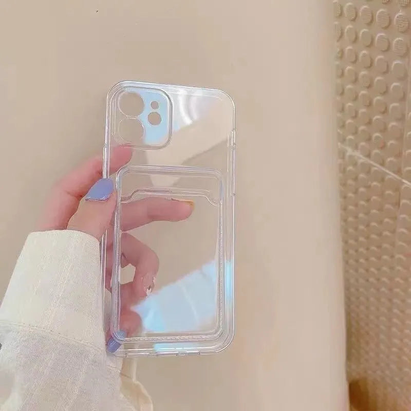 Clear transparent iPhone case with a card slot on the back, shown on an iPhone.