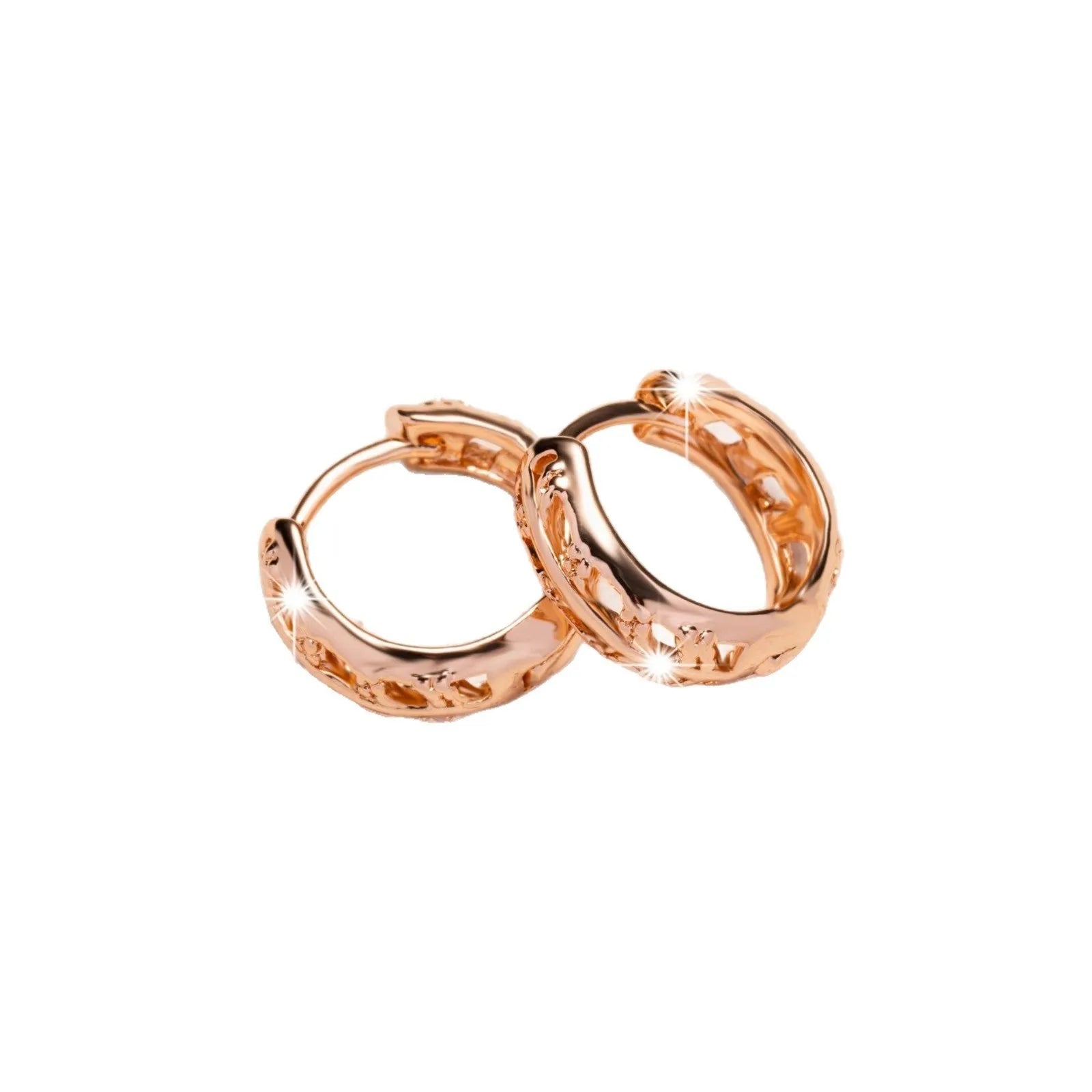 Rose gold leaf-shaped hollowed-out earrings with heart detail, copper construction, 3cm drop length