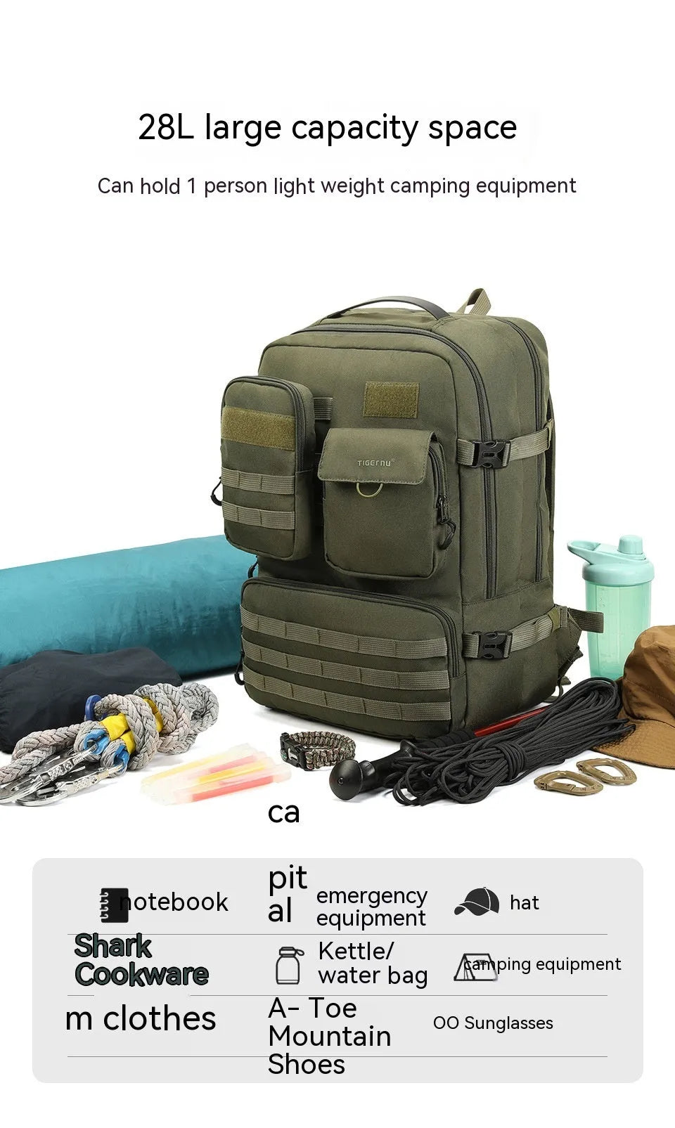 Tactical backpack in Army Green with 20-35L capacity, waterproof nylon, and 17-inch size for outdoor use.