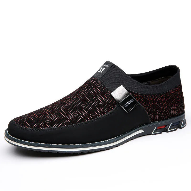 Men's grey and white square toe casual shoes with a low-top synthetic leather upper and flat rubber sole.