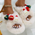 Women's slippers with Christmas hat decoration, faux plush upper, cotton lining, and rubber sole in sizes 35-40