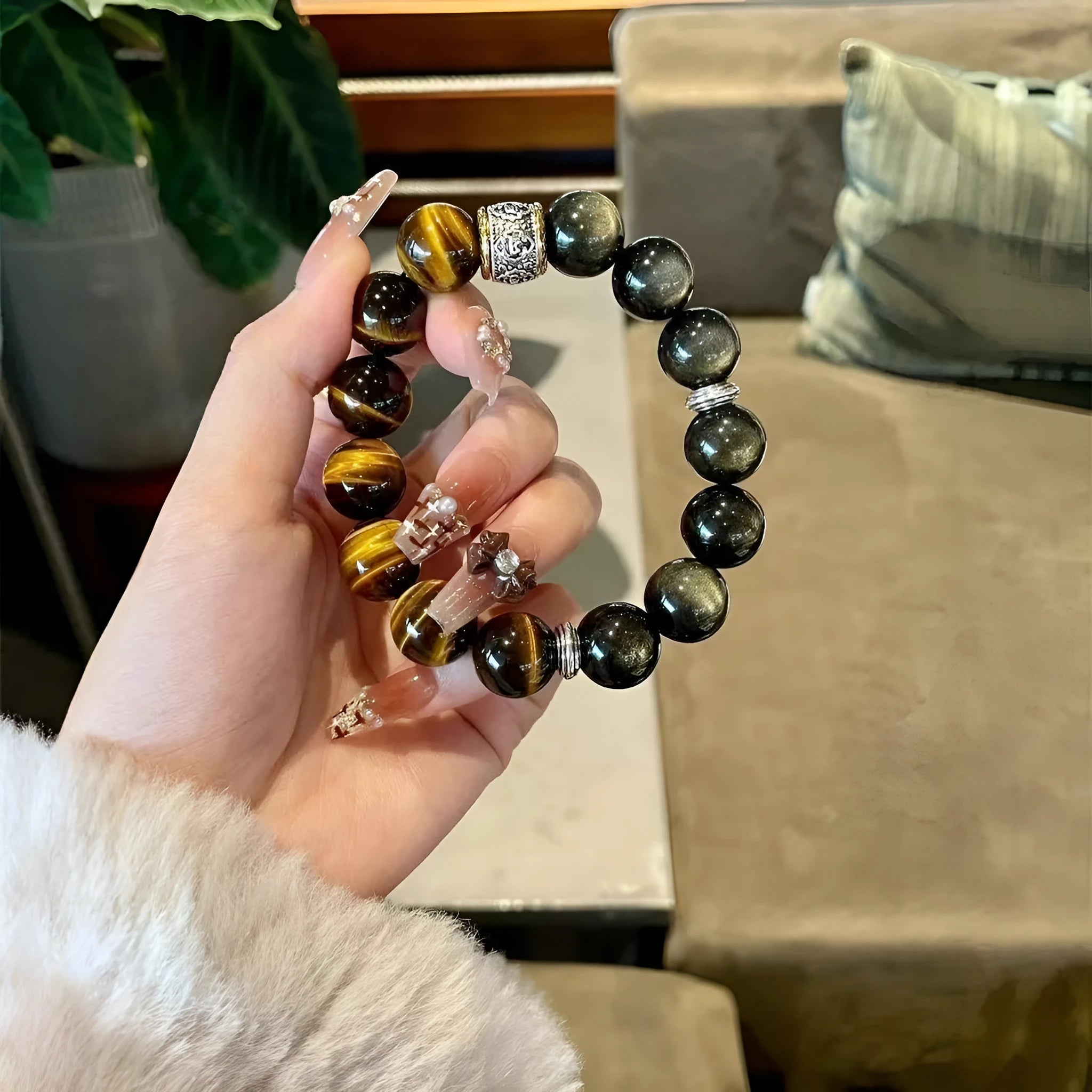 Women's Tigereye Silver Stone double bracelet with gold inlay decoration showing U-shaped design