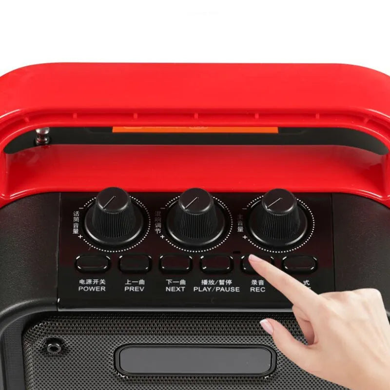 MS62AI portable Bluetooth speaker with wireless microphone, measuring 241x145x329mm in plastic construction