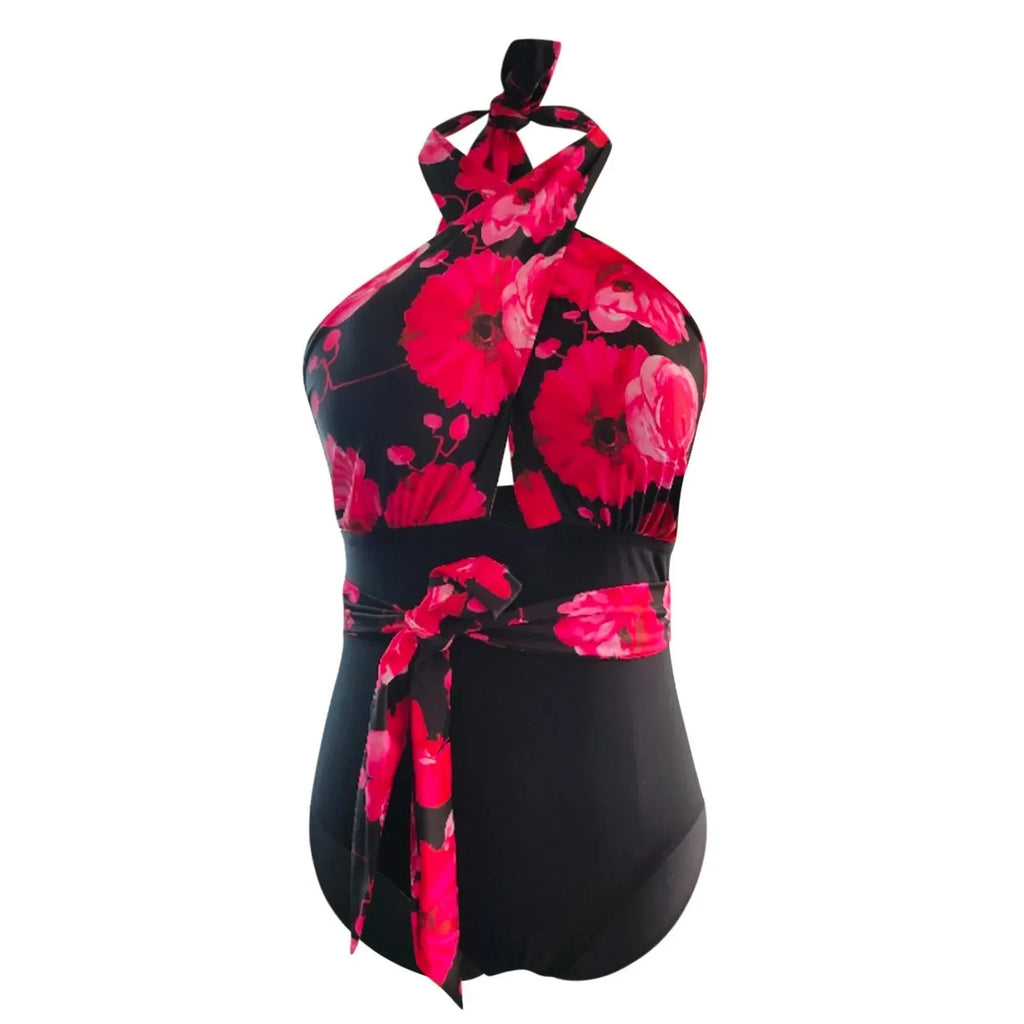 Plus size one-piece swimsuit with spaghetti straps and split detail in red flower, grid or white leopard, sizes M to XXXL