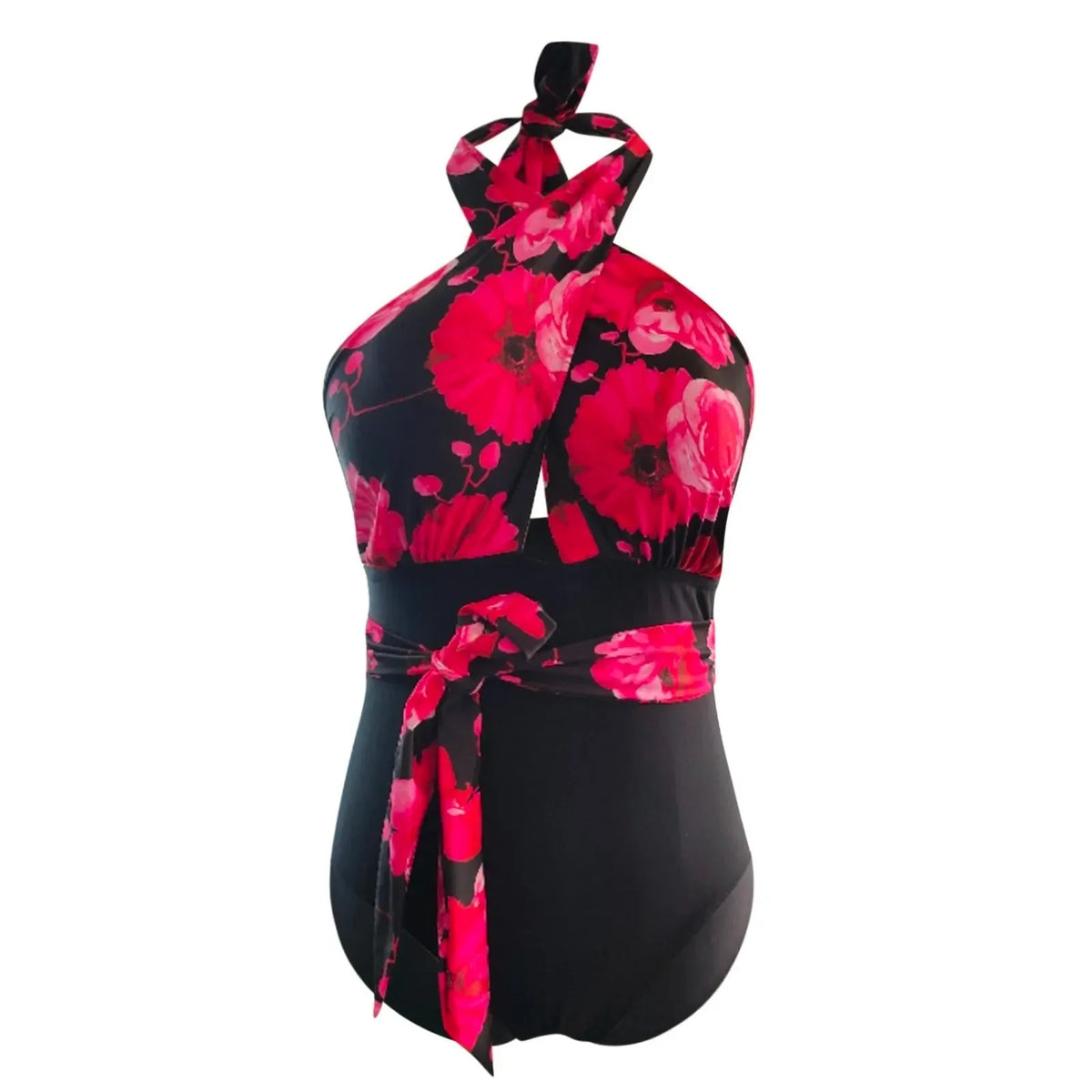 Plus size one-piece swimsuit with spaghetti straps and split detail in red flower, grid or white leopard, sizes M to XXXL