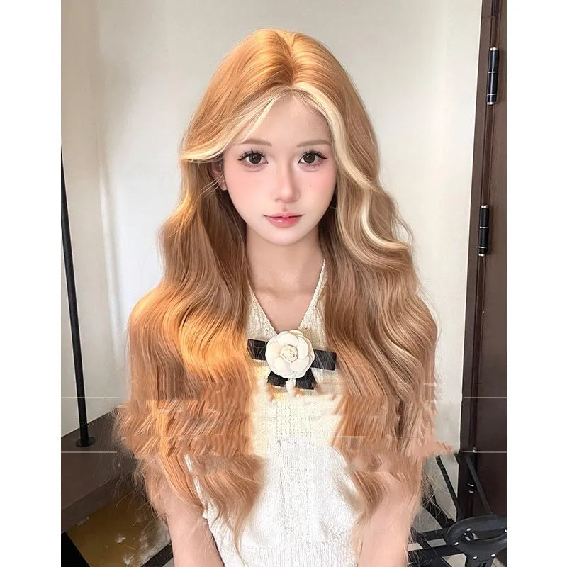 Long curly lace front wig in American highlight gold colour on display