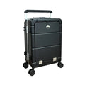 Front opening 20-inch cabin suitcase in black showing dry-wet separation compartments and universal wheels.
