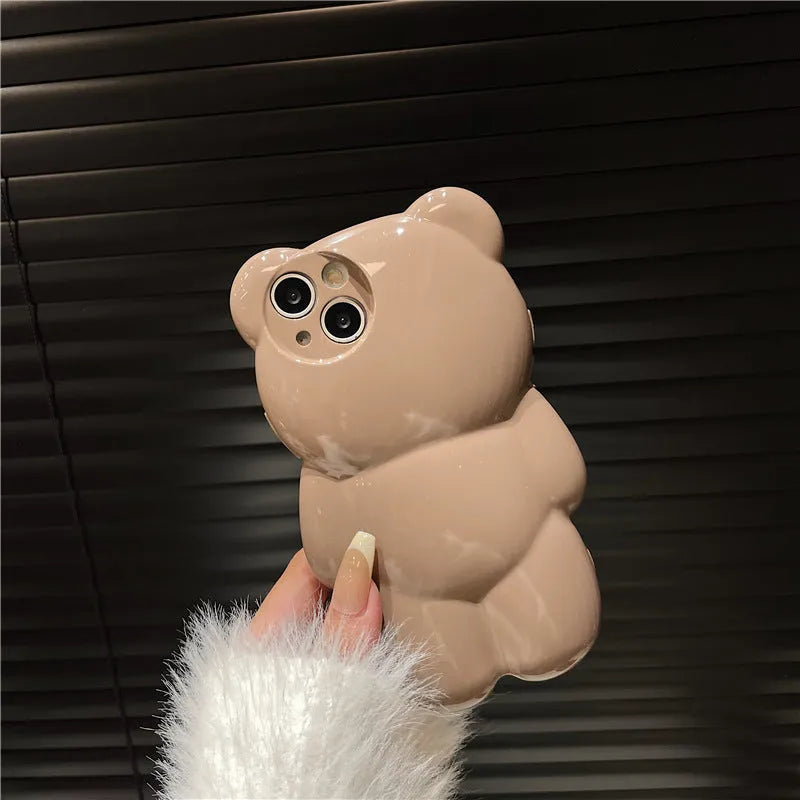 Silicone iPhone case with 3D bear design in khaki or wine red, anti-fall soft shell for iPhone 11-14 models